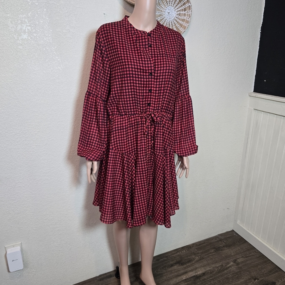 Clarisbelle LONG SLEEVE BUTTON FRONT GINGHAM PRINT BABYDOLL DRESS BILLOWING Lge